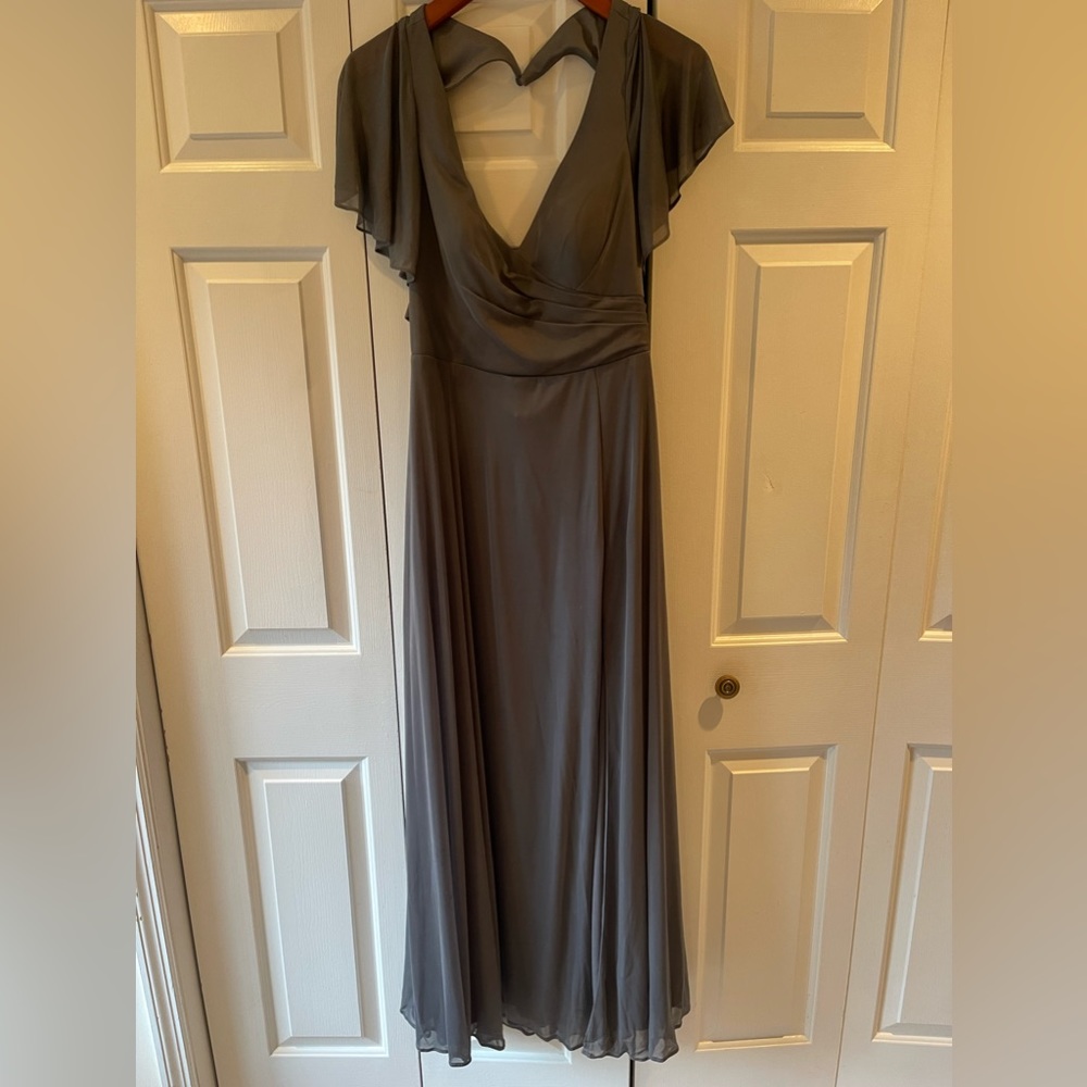 Azazie Induh A-Line Flutter V-Neck Mesh Floor-Len… - image 2